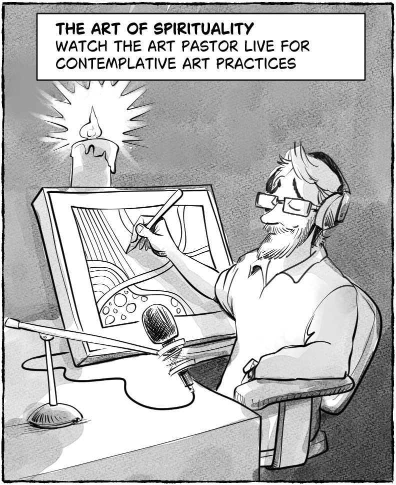 Panel 4: Step Two — The Art of Spirituality  - **Position:** Top Right.      - **Visual:** A medium shot of the Art Pastor in an office chair at a desk with a computer tablet and microphones. He is wearing headphones with a peaceful expression and his eyes closed, drawing a Zentangle. The background is dark, illuminated only by a single lit candle.      - **Caption:** **Step 2: The Spirit.** Watch the Art Pastor live for contemplative art practices.
