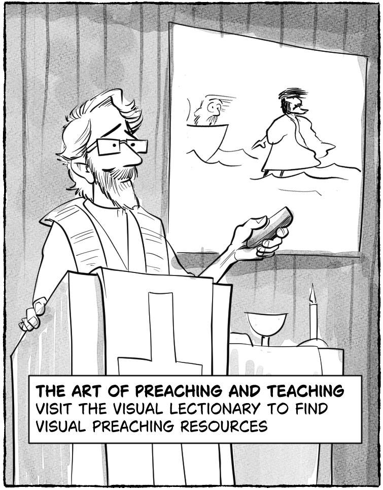Panel 5: The Art of Preaching and Teaching Position: Bottom Left. Visual: The Art Pastor stands at a pulpit wearing an alb and stole. The pulpit features vestments with a cross; in the background, an altar table holds a candle and communion elements. A screen behind him displays an image of Jesus walking on water—the same art style used in the Step One graphic novel. He is preaching while holding a clicker. Caption: Step 3: The Speaker. The Visual Lectionary for Visual Preaching resources.