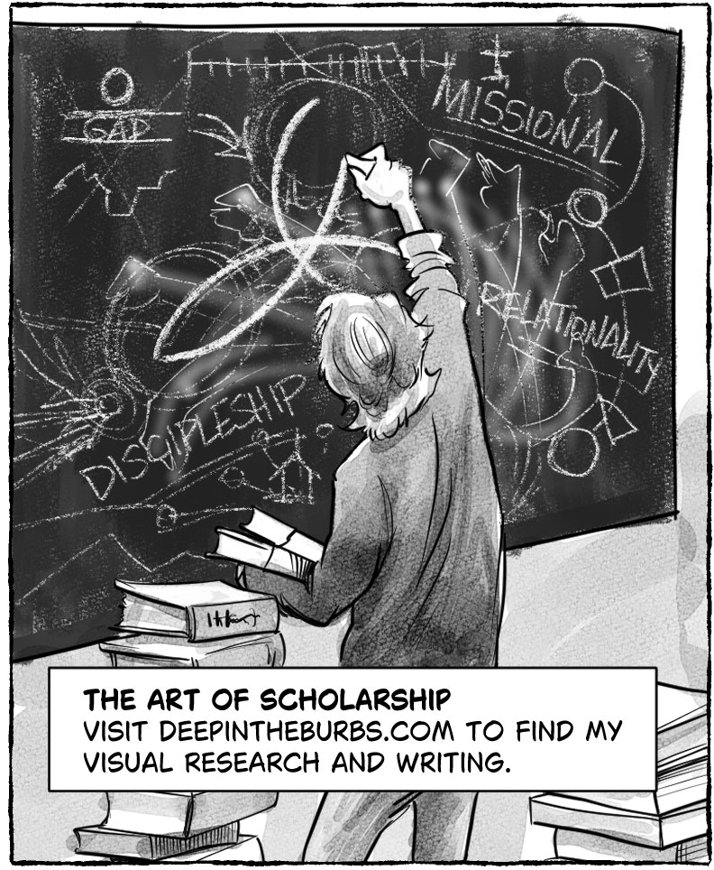 Panel 6: The Art of Scholarship Position: Bottom Right. Visual: A bird’s-eye view looking down at the Art Pastor facing a large chalkboard. He is drawing a Trinity symbol in white chalk amidst a complex mind map including terms like "missional discipleship" and "relationality". Stacks of books surround him. Caption: Step 4: The Scholar. Visit Deep in the Burbs to view my visual scholarship and writing.